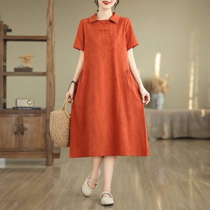 Buddha Stones Plain Jacquard Lapel Cotton Linen Short Sleeve Midi Dress With Pockets - OrangeRed - US8-10，UK/AU12-14，EU40-42 (2XL) - image 11
