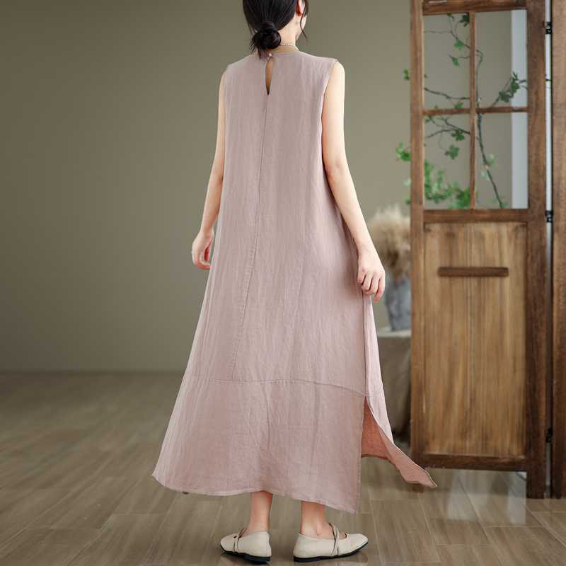 Buddha Stones Casual Spring Plain Irregular Sleeveless Cotton Linen Midi Dress With Pockets - image 22