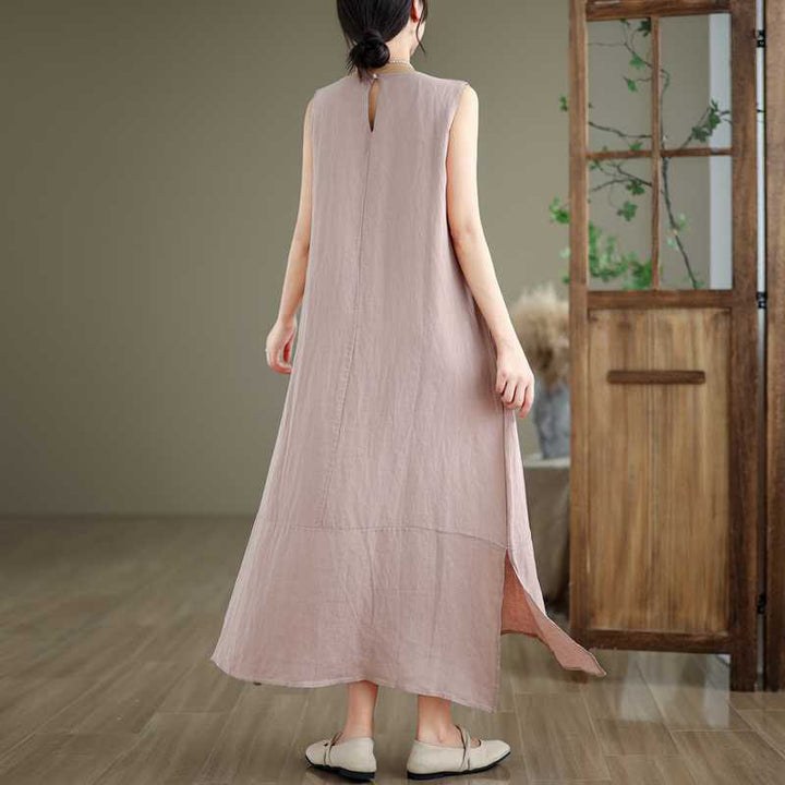 Buddha Stones Casual Spring Plain Irregular Sleeveless Cotton Linen Midi Dress With Pockets - image 22