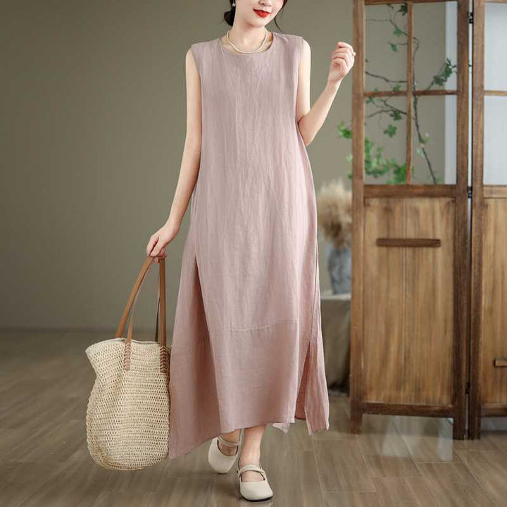 Buddha Stones Casual Spring Plain Irregular Sleeveless Cotton Linen Midi Dress With Pockets - Thistle - US8-10，UK/AU12-14，EU40-42 (2XL) - image 18