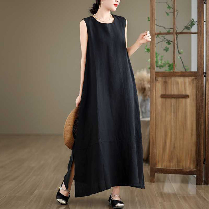 Buddha Stones Casual Spring Plain Irregular Sleeveless Cotton Linen Midi Dress With Pockets - image 14