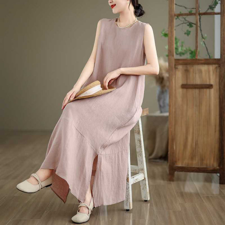 Buddha Stones Casual Spring Plain Irregular Sleeveless Cotton Linen Midi Dress With Pockets - image 23