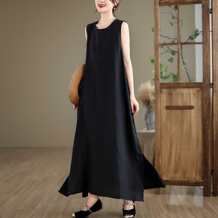 Buddha Stones Casual Spring Plain Irregular Sleeveless Cotton Linen Midi Dress With Pockets - image 13