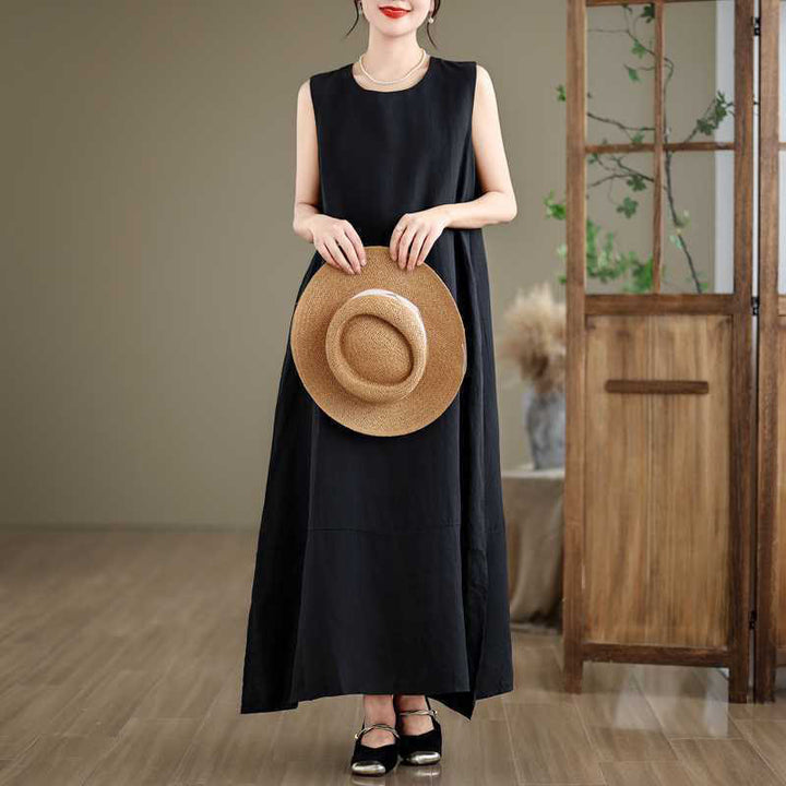 Buddha Stones Casual Spring Plain Irregular Sleeveless Cotton Linen Midi Dress With Pockets - Black - US8-10，UK/AU12-14，EU40-42 (2XL) - image 12