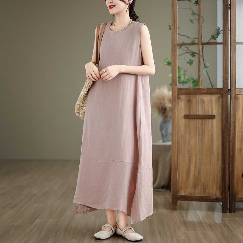 Buddha Stones Casual Spring Plain Irregular Sleeveless Cotton Linen Midi Dress With Pockets - image 20