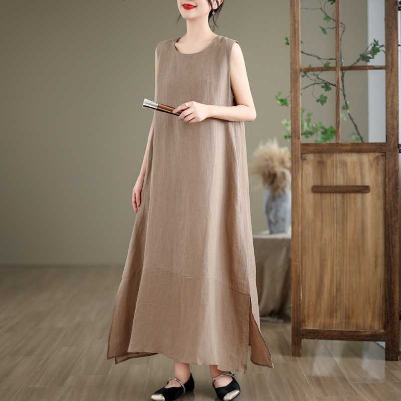 Buddha Stones Casual Spring Plain Irregular Sleeveless Cotton Linen Midi Dress With Pockets - image 2