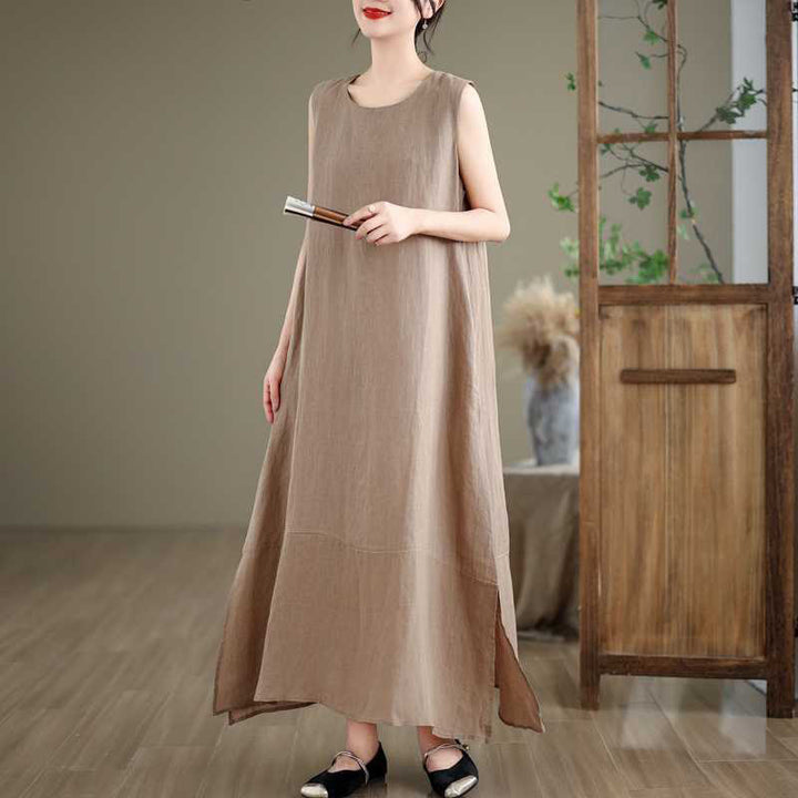 Buddha Stones Casual Spring Plain Irregular Sleeveless Cotton Linen Midi Dress With Pockets - image 2