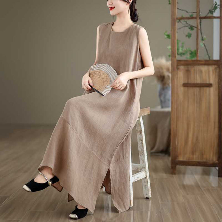 Buddha Stones Casual Spring Plain Irregular Sleeveless Cotton Linen Midi Dress With Pockets - image 6