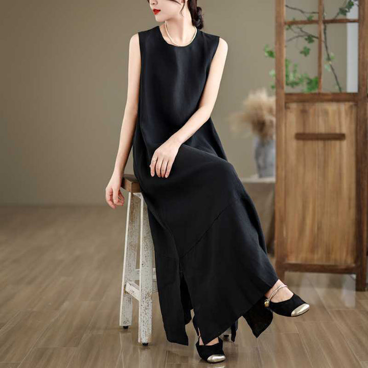 Buddha Stones Casual Spring Plain Irregular Sleeveless Cotton Linen Midi Dress With Pockets - image 17