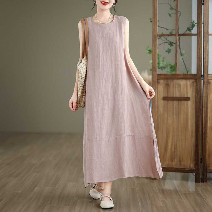 Buddha Stones Casual Spring Plain Irregular Sleeveless Cotton Linen Midi Dress With Pockets - image 21
