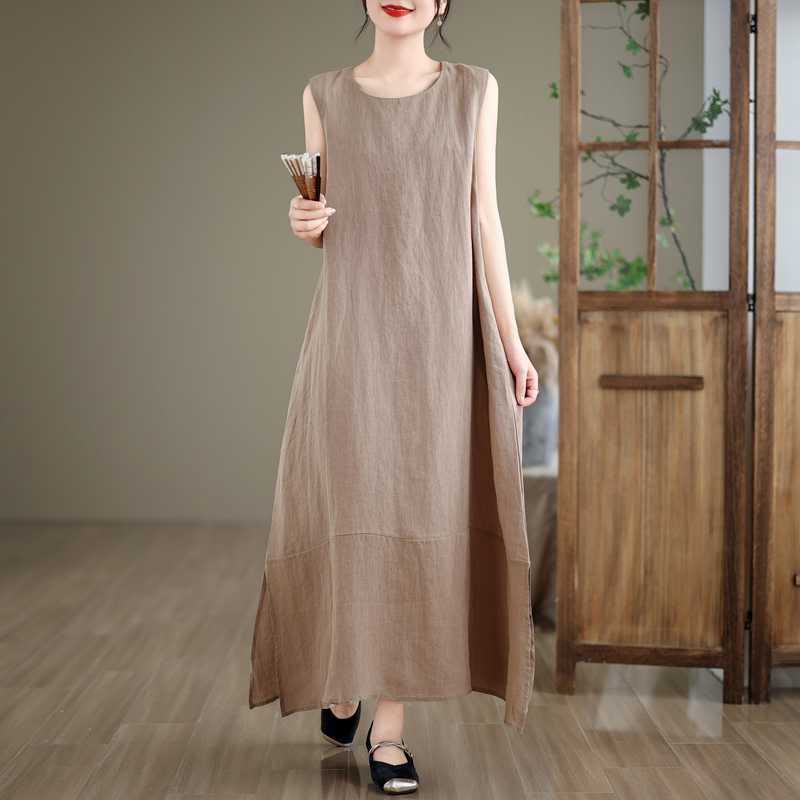 Buddha Stones Casual Spring Plain Irregular Sleeveless Cotton Linen Midi Dress With Pockets - DarkKhaki - US8-10，UK/AU12-14，EU40-42 (2XL) - image 1