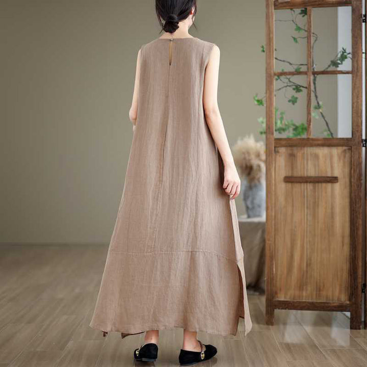 Buddha Stones Casual Spring Plain Irregular Sleeveless Cotton Linen Midi Dress With Pockets - image 4