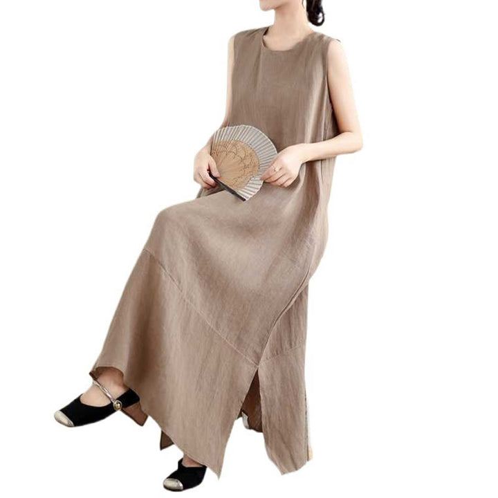 Buddha Stones Casual Spring Plain Irregular Sleeveless Cotton Linen Midi Dress With Pockets - image 11