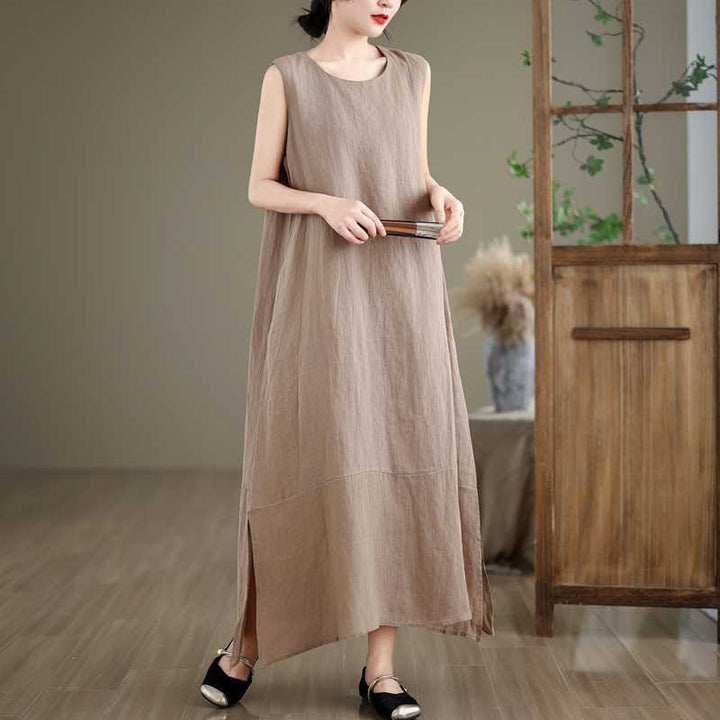 Buddha Stones Casual Spring Plain Irregular Sleeveless Cotton Linen Midi Dress With Pockets - image 5
