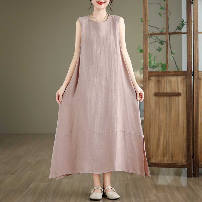 Buddha Stones Casual Spring Plain Irregular Sleeveless Cotton Linen Midi Dress With Pockets - image 19