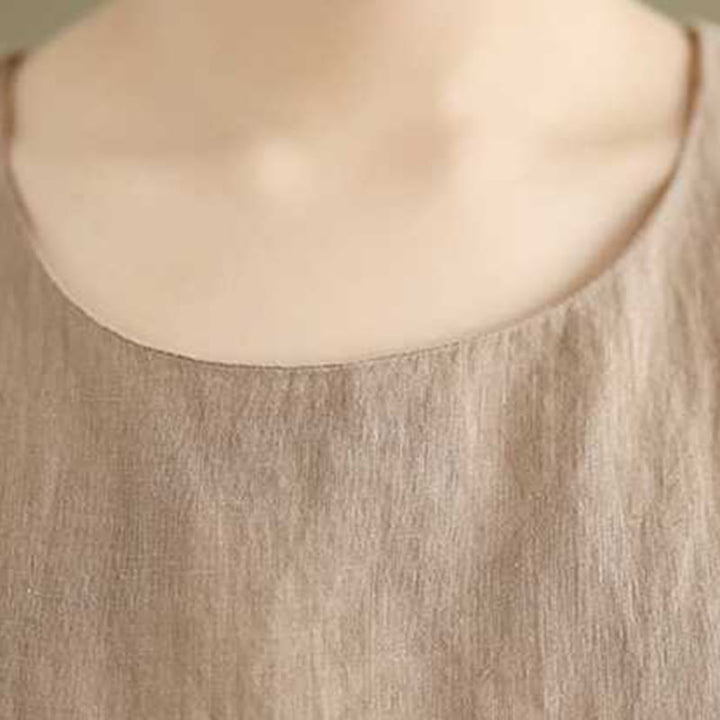 Buddha Stones Casual Spring Plain Irregular Sleeveless Cotton Linen Midi Dress With Pockets - image 7