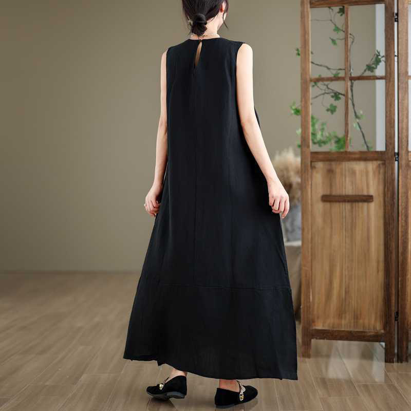 Buddha Stones Casual Spring Plain Irregular Sleeveless Cotton Linen Midi Dress With Pockets - image 16