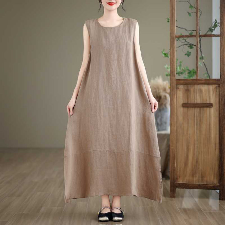 Buddha Stones Casual Spring Plain Irregular Sleeveless Cotton Linen Midi Dress With Pockets - image 3