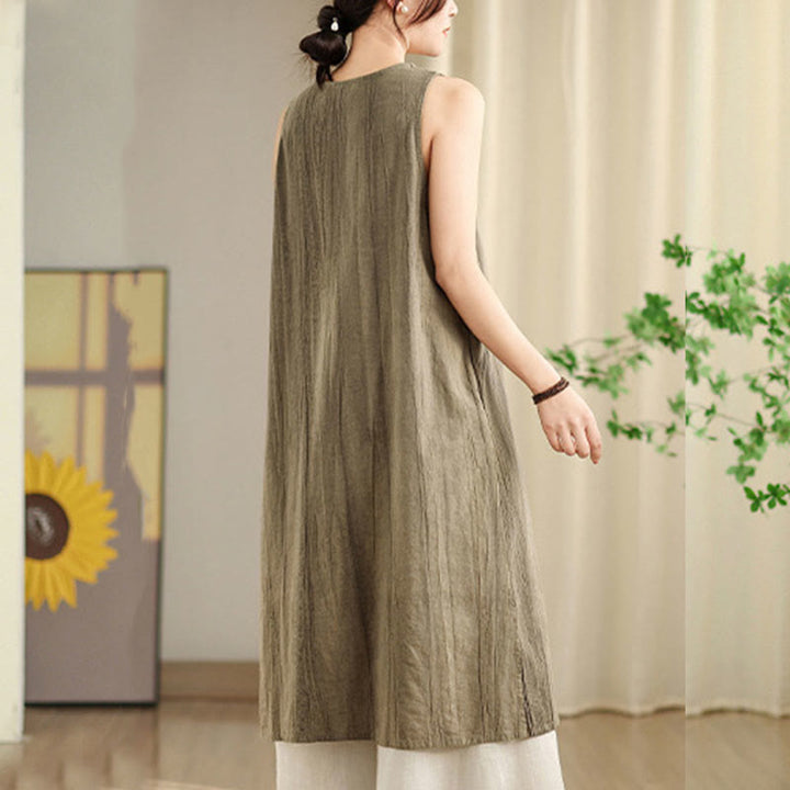 Buddha Stones Casual Tie Dye Chinese Frog-Button Ramie Linen Midi Dress With Pockets - image 13
