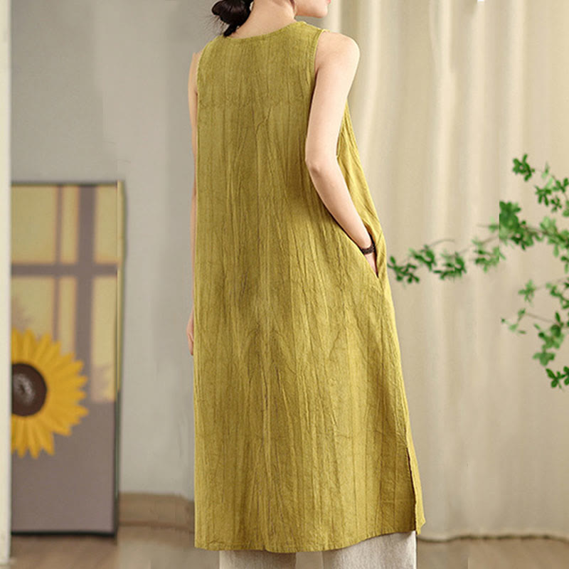 Buddha Stones Tie Dye Chinese Frog-Button Ramie Linen Sleeveless Midi Dress With Pockets - image 7