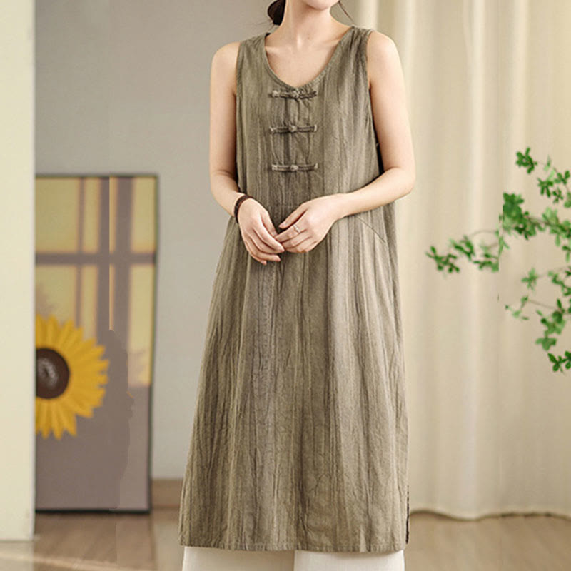Buddha Stones Casual Tie Dye Chinese Frog-Button Ramie Linen Midi Dress With Pockets - image 11