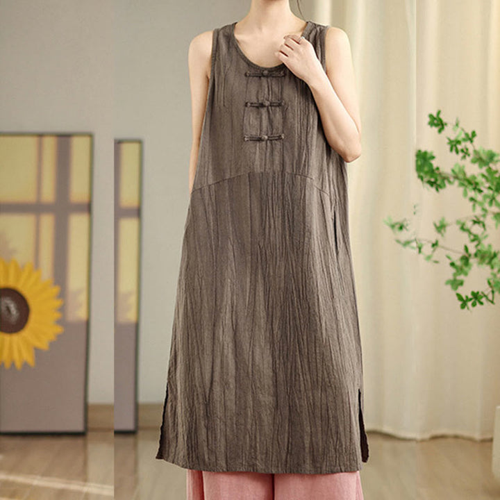 Buddha Stones Casual Tie Dye Chinese Frog-Button Ramie Linen Midi Dress With Pockets - image 20