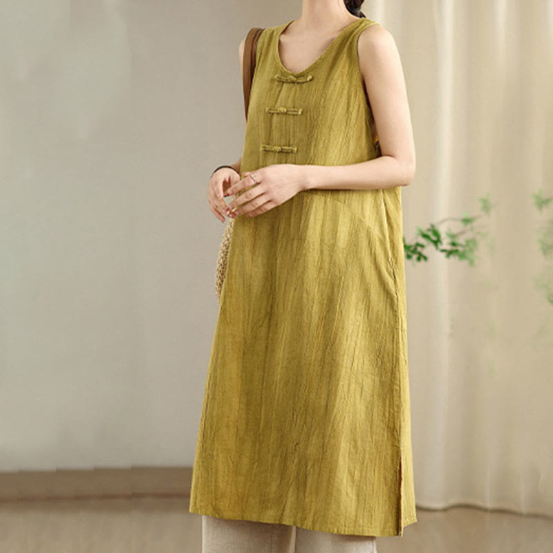 Buddha Stones Casual Tie Dye Chinese Frog-Button Ramie Linen Midi Dress With Pockets - image 7