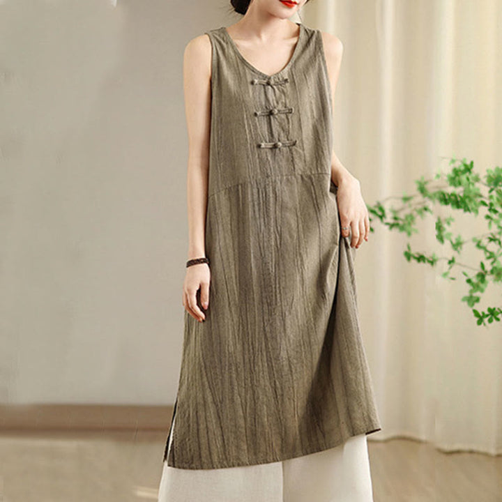 Buddha Stones Tie Dye Chinese Frog-Button Ramie Linen Sleeveless Midi Dress With Pockets - image 13