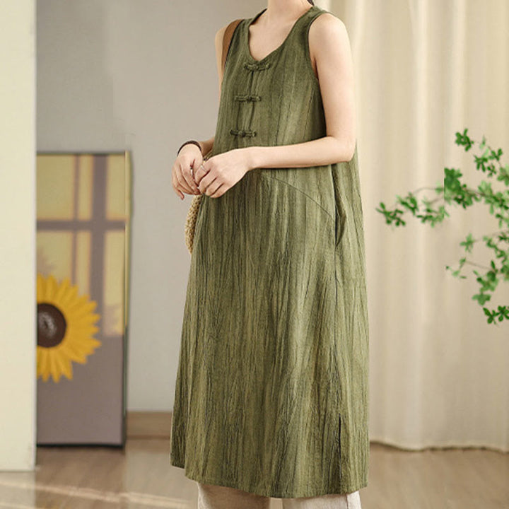 Buddha Stones Tie Dye Chinese Frog-Button Ramie Linen Sleeveless Midi Dress With Pockets - image 2