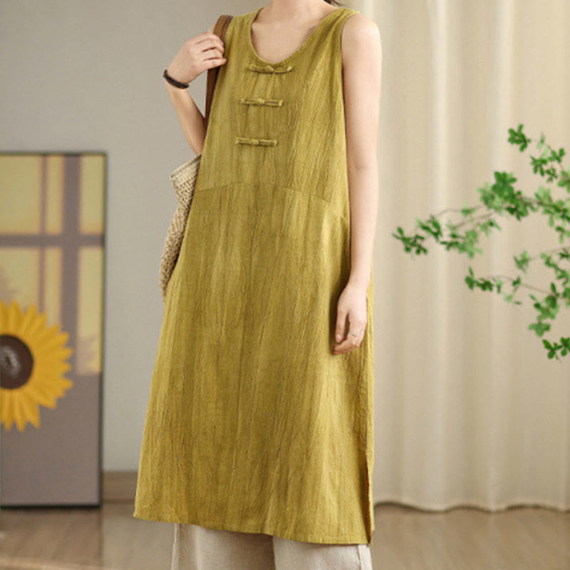 Buddha Stones Casual Tie Dye Chinese Frog-Button Ramie Linen Midi Dress With Pockets - image 9