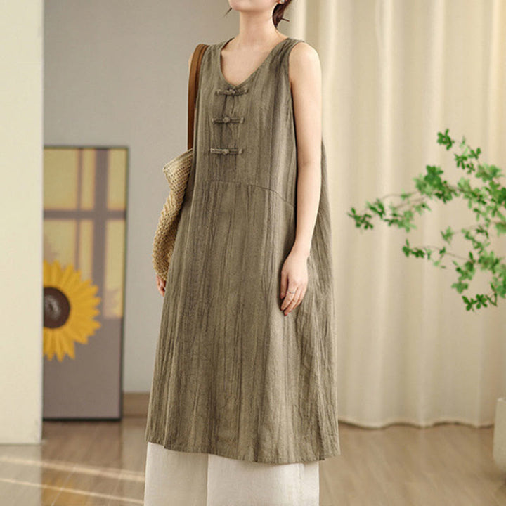 Buddha Stones Casual Tie Dye Chinese Frog-Button Ramie Linen Midi Dress With Pockets - DarkKhaki - US8-10，UK/AU12-14，EU40-42 (2XL) - image 10