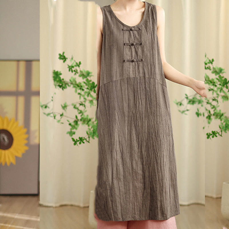 Buddha Stones Casual Tie Dye Chinese Frog-Button Ramie Linen Midi Dress With Pockets - image 22