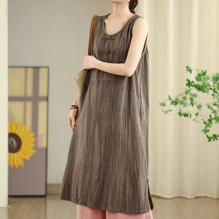 Buddha Stones Casual Tie Dye Chinese Frog-Button Ramie Linen Midi Dress With Pockets - Tan - US8-10，UK/AU12-14，EU40-42 (2XL) - image 19