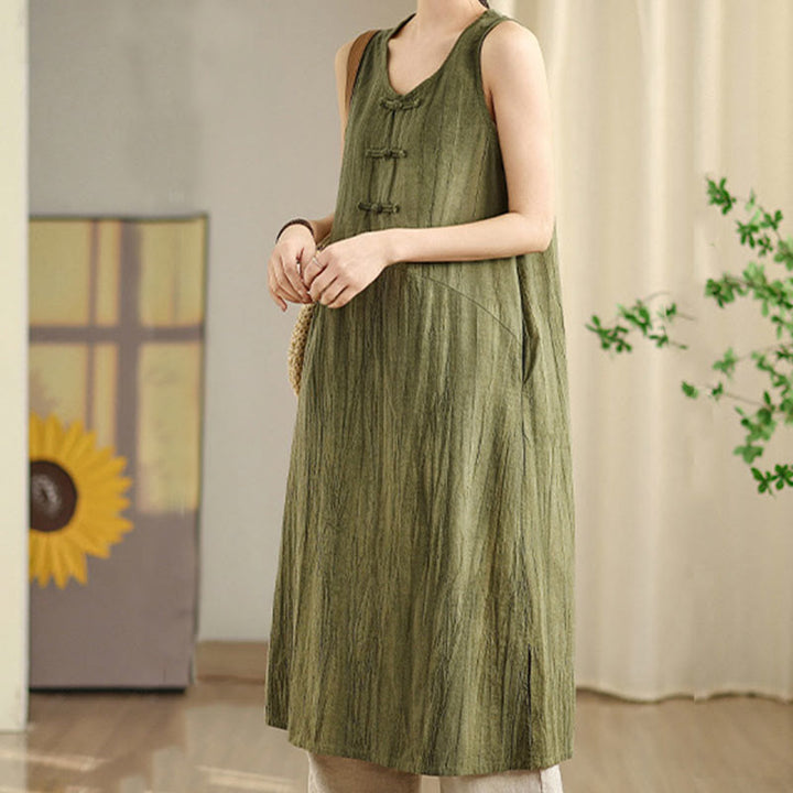 Buddha Stones Casual Tie Dye Chinese Frog-Button Ramie Linen Midi Dress With Pockets - image 2