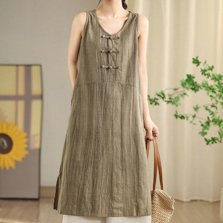 Buddha Stones Casual Tie Dye Chinese Frog-Button Ramie Linen Midi Dress With Pockets - image 12