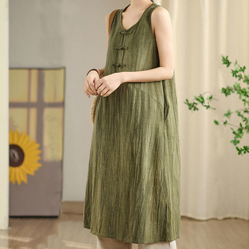 Buddha Stones Tie Dye Chinese Frog-Button Ramie Linen Sleeveless Midi Dress With Pockets - image 1