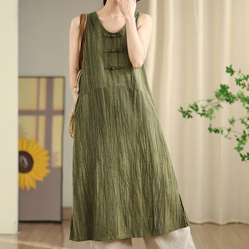 Buddha Stones Casual Tie Dye Chinese Frog-Button Ramie Linen Midi Dress With Pockets - image 4
