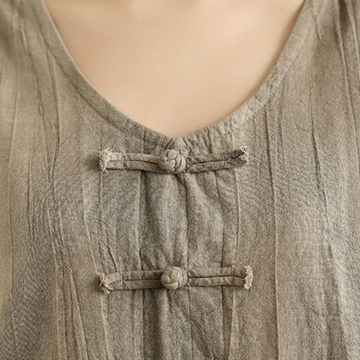 Buddha Stones Tie Dye Chinese Frog-Button Ramie Linen Sleeveless Midi Dress With Pockets - image 14