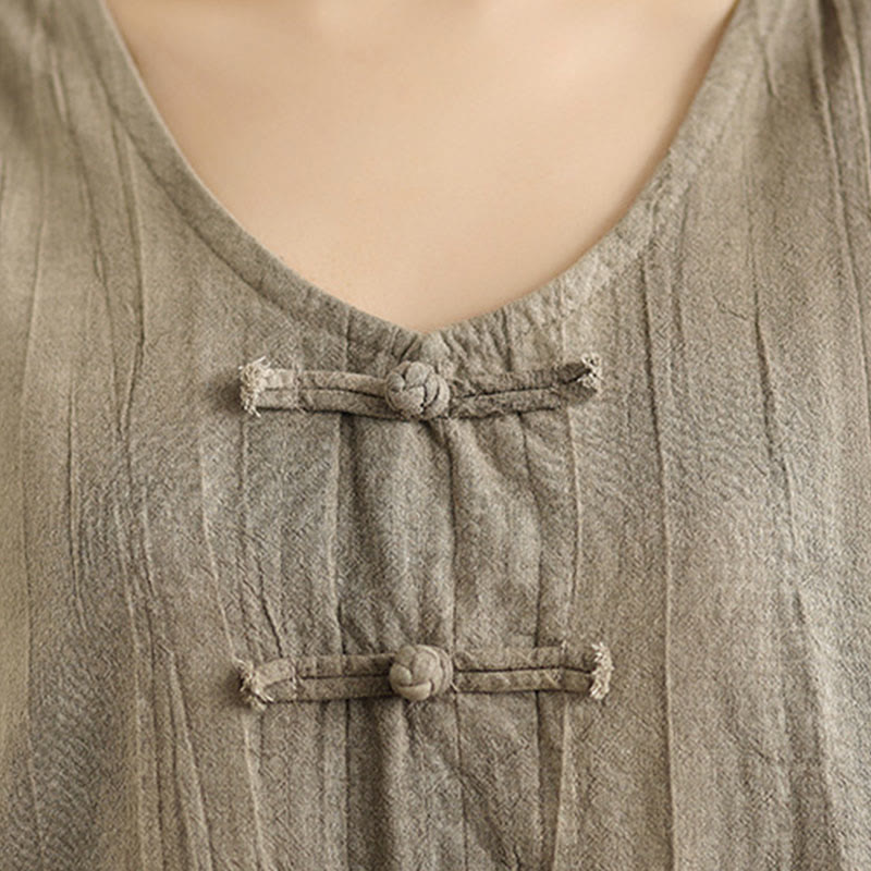 Buddha Stones Casual Tie Dye Chinese Frog-Button Ramie Linen Midi Dress With Pockets - image 15