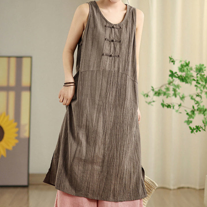 Buddha Stones Casual Tie Dye Chinese Frog-Button Ramie Linen Midi Dress With Pockets - image 21