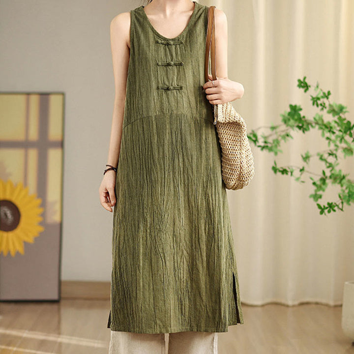 Buddha Stones Casual Tie Dye Chinese Frog-Button Ramie Linen Midi Dress With Pockets - image 5