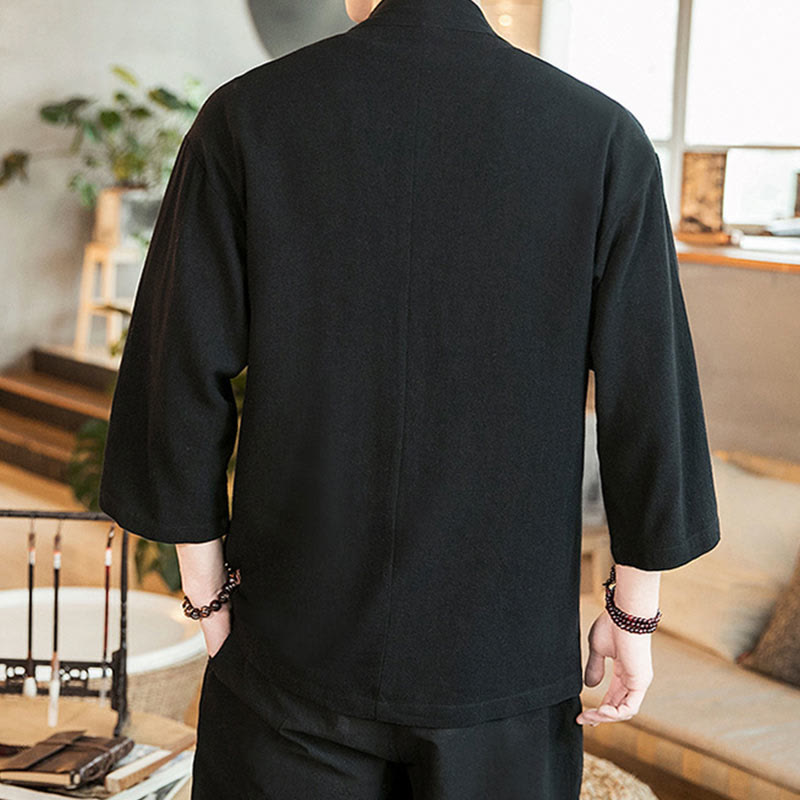 Buddha Stones Plain Chinese Frog-Button Jacket Cotton Linen Men's Three Quarter Sleeve Kimono - image 12