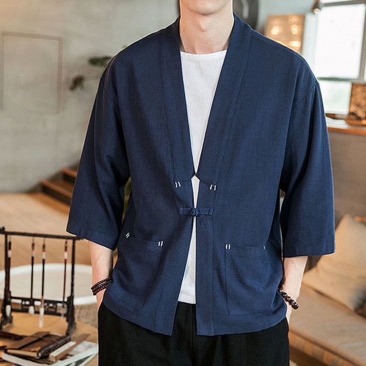 Buddha Stones Plain Chinese Frog-Button Jacket Cotton Linen Men's Three Quarter Sleeve Kimono - Navy - US/UK/AU46，EU56 (5XL) - image 0