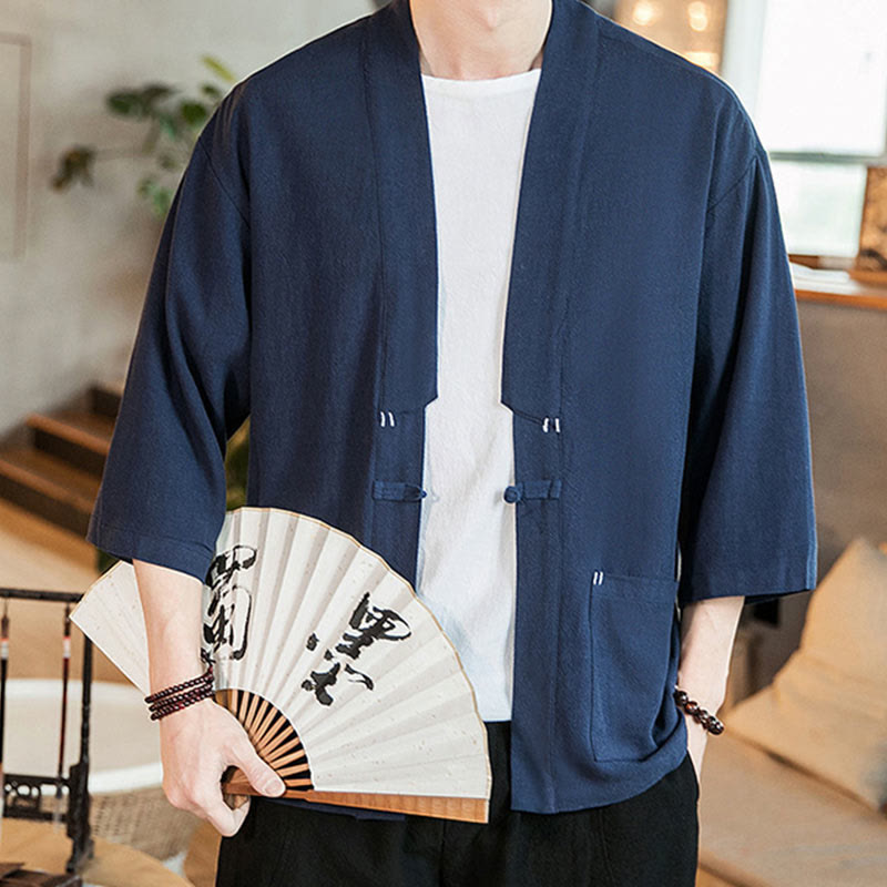 Buddha Stones Plain Chinese Frog-Button Jacket Cotton Linen Men's Three Quarter Sleeve Kimono - image 5
