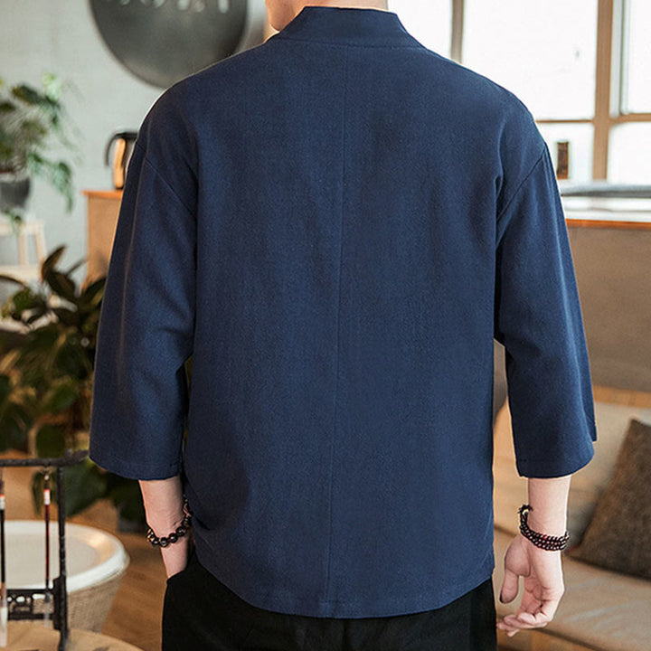 Buddha Stones Plain Chinese Frog-Button Jacket Cotton Linen Men's Three Quarter Sleeve Kimono - image 3