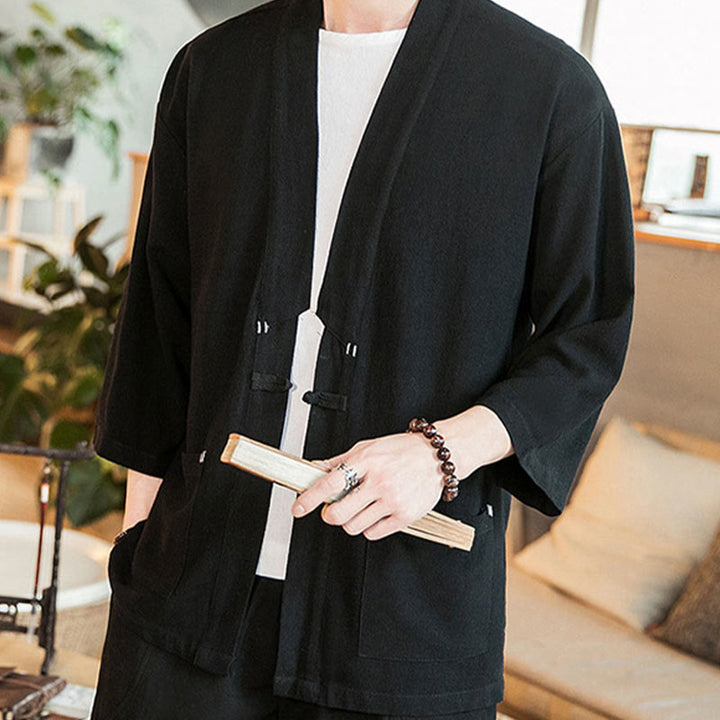 Buddha Stones Plain Chinese Frog-Button Jacket Cotton Linen Men's Three Quarter Sleeve Kimono - image 13