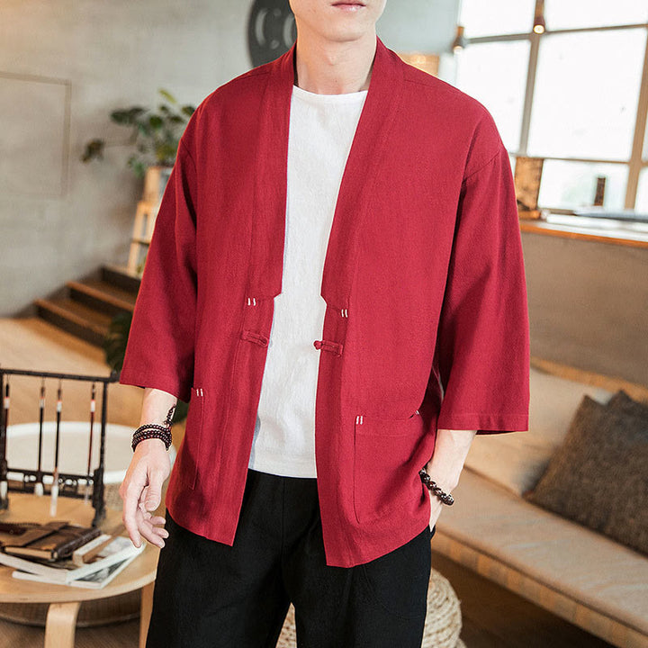 Buddha Stones Plain Chinese Frog-Button Jacket Cotton Linen Men's Three Quarter Sleeve Kimono - image 24