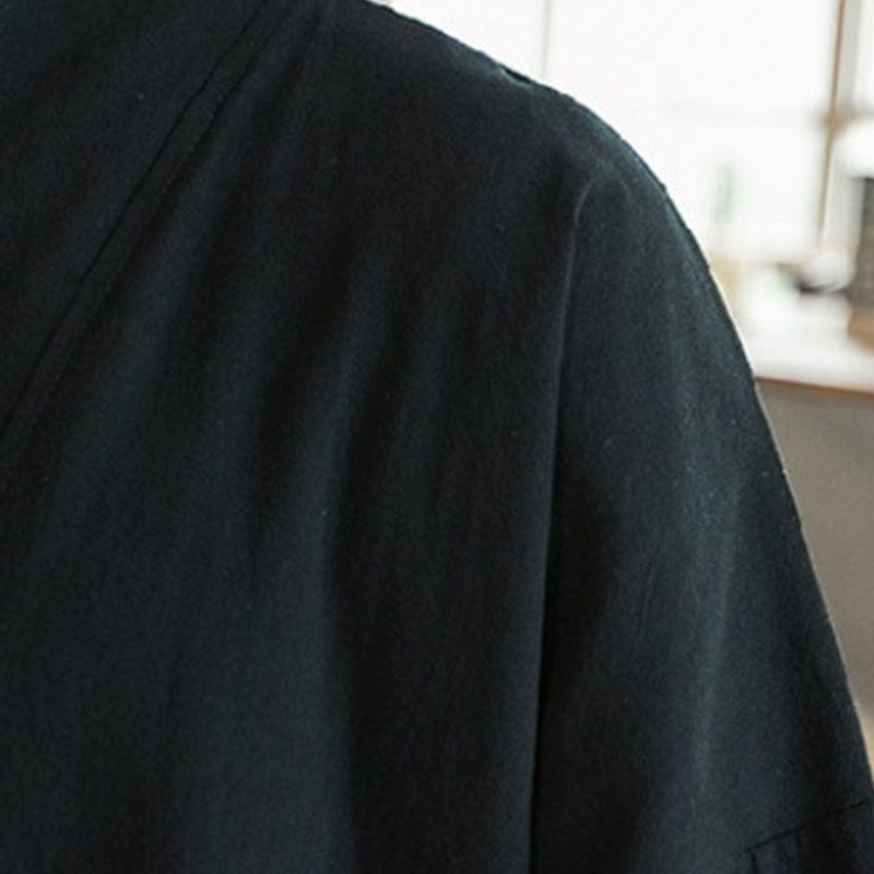 Buddha Stones Embroidery Open Front Jacket Cotton Linen Men's Three Quarter Sleeve Kimono - image 15