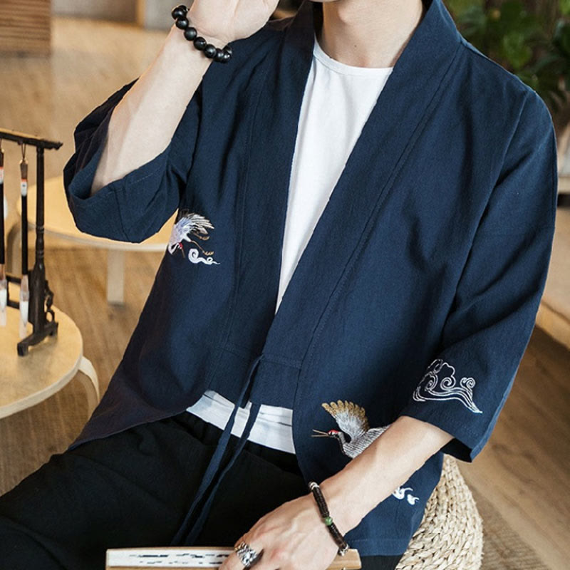 Buddha Stones Embroidery Open Front Jacket Cotton Linen Men's Three Quarter Sleeve Kimono - image 7