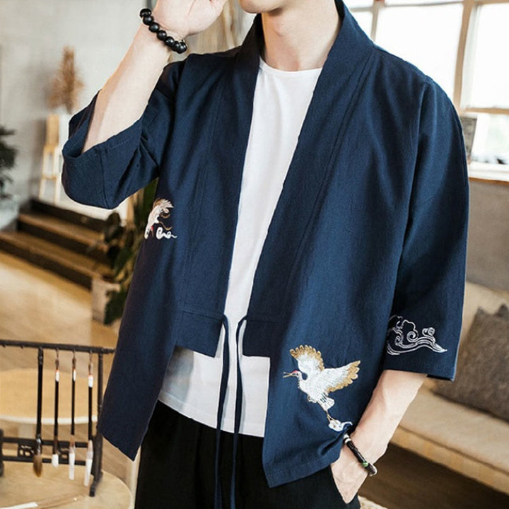 Buddha Stones Embroidery Open Front Jacket Cotton Linen Men's Three Quarter Sleeve Kimono - image 5